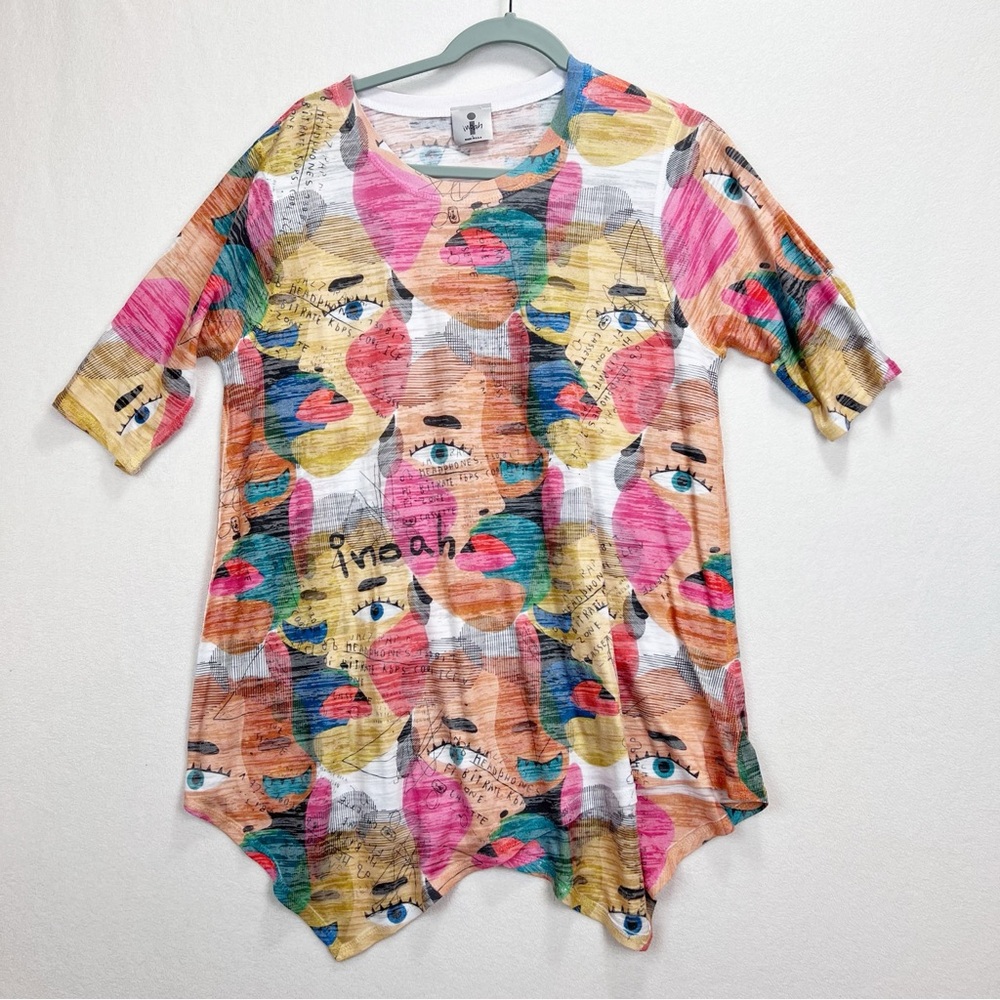 Inoah‎ Tunic Top Wearable Art Colorful Face Print Size Large Mature